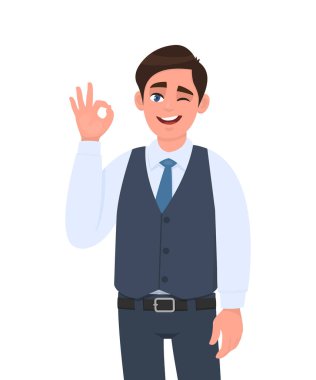 Yelek giyen genç işadamı iyi ya da iyi bir jest ve göz kırpma hareketi gösteriyor. İyilik ya da serinlik sembolü yapan kişi. Erkek karakter tasarımı çizimi. Vektör karikatürde insan duyguları kavramı.