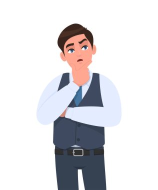Çapraz kollu yelek giyen düşünceli genç bir iş adamı. Biri yukarı bakıyor. Erkek karakter tasarımı çizimi. İnsan duyguları, vektör karikatür stilinde yüz ifadeleri kavramı.