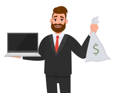 En son model dijital dizüstü bilgisayar (PC) ve dolar işaretli para çantası tutan ya da gösteren genç bir iş adamı. Erkek karakter tasarımı çizimi. Modern yaşam tarzı, çizgi filmdeki teknoloji kavramı.