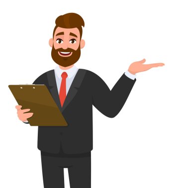 Genç iş adamı elinde bir pano tutarak uzayı kopyalamak için bir şey gösteriyor ya da sunuyor. Dosya defterini elinde tutan kişi. Erkek karakter tasarımı çizimi.