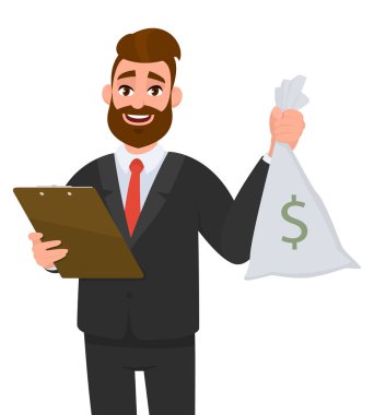 Takım elbiseli genç bir işadamı pano tutuyor ve para, nakit para ve dolar işaretli para çantası gösteriyor. Dosya defterini elinde tutan kişi. Erkek karakter tasarımı. Modern yaşam tarzı kavramı.