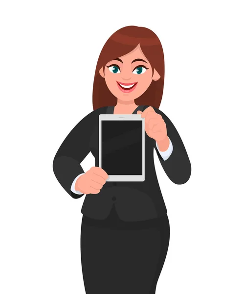 Fröhliche Junge Geschäftsfrau Zeigt Oder Hält Einen Nagelneuen Digitalen Tablet — Stockvektor