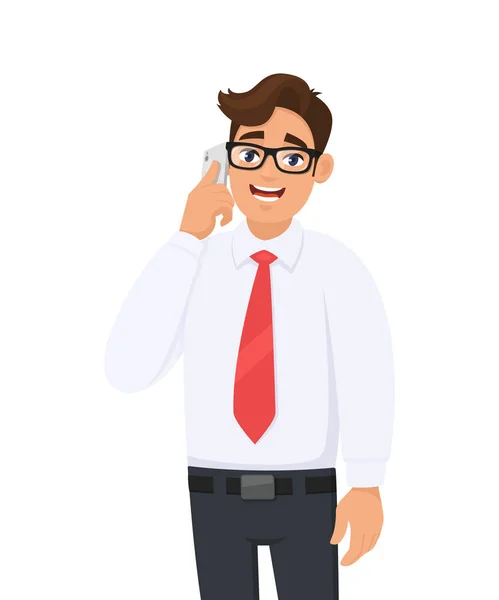 Man Speaking Talking Mobile Cell Smart Phone Male Character Wearing — Stock Vector