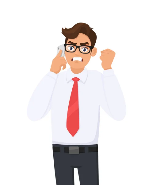 Angry Young Business Man Formal Speaking Talking Mobile Cell Smart — Stockvector