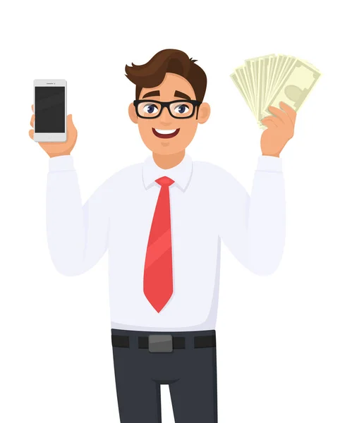 Portrait Young Business Man Showing Holding New Digital Smartphone Mobile — Stock Vector