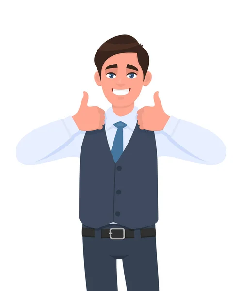 Young Businessman Waistcoat Showing Thumb Gesture Person Making Symbol Agree — Διανυσματικό Αρχείο