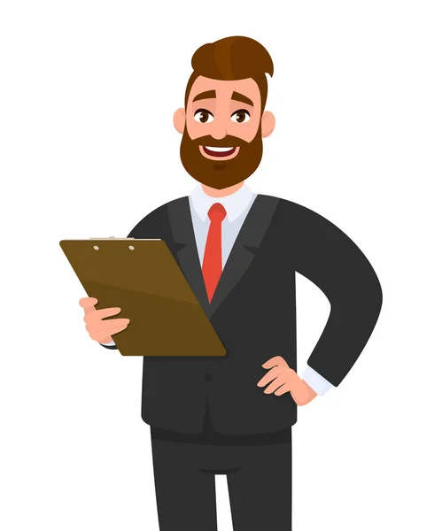 Young Business Man Wearing Suit Holding Clipboard Posing Hand Hip — Stock Vector