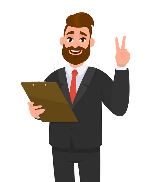 Young Businessman Wearing Suit Holding Clipboard Making Showing Victory Peace — Stock Vector