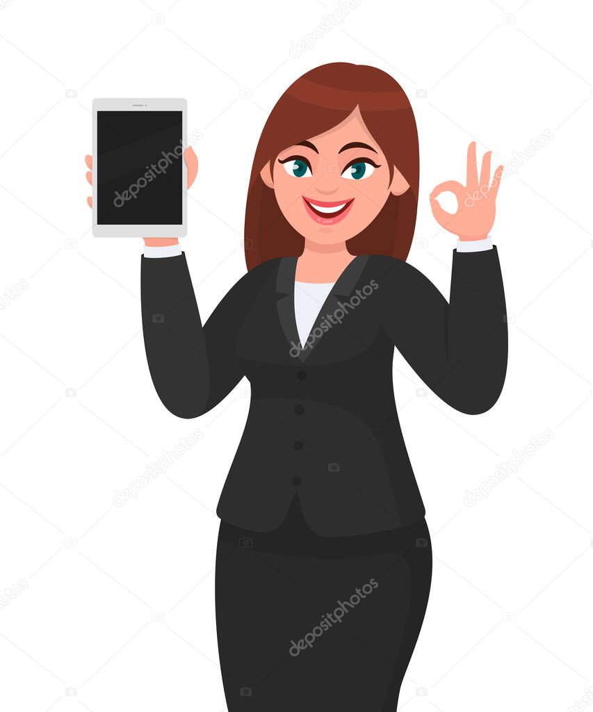 Happy young business woman showing or holding a brand new digital tablet computer and making or gesturing okay, OK sign. Female character design illustration. Modern lifestyle, technology concept.
