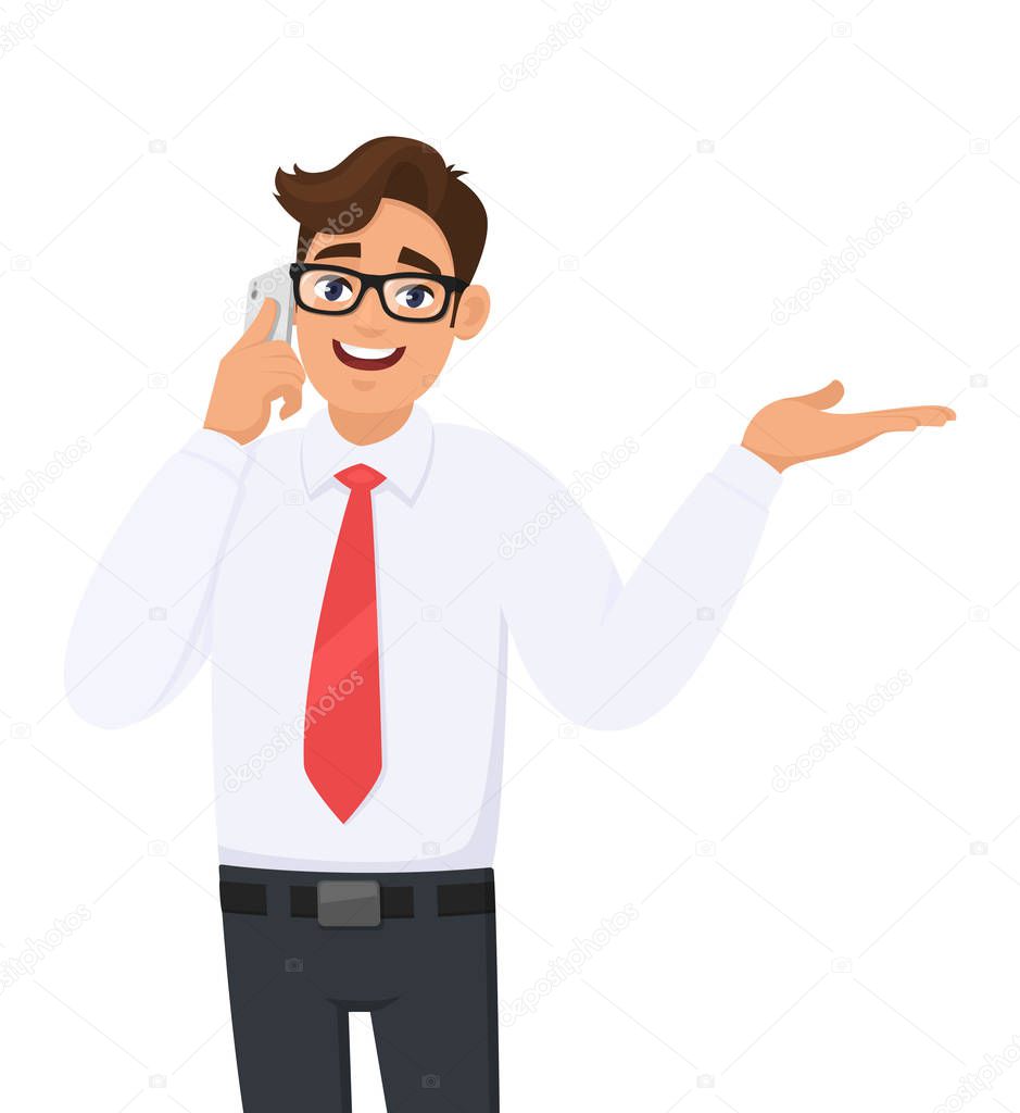 Young business man in formal speaking or talking on the mobile, cell or smart phone. Male person showing, presenting or pointing hand palm to copy space. Modern lifestyle, digital technology device.