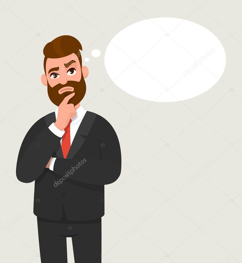 Thoughtful young businessman thinking and holding finger on face. Light bulb in the thought bubble. Male character design illustration. Innovation, new idea, creativity concept in vector cartoon style