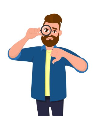 Hüsrana uğramış genç adam büyüteçten bakıyor ve işaret veriyor. Mutsuz modacı elinde büyüteç ya da lens tutuyor. Louise 'li bir erkek karakter. Vektör karikatürde insan duyguları.