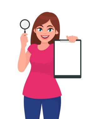 Büyüteç gösteren genç bir kadın. Elinde dosya, dosya, elinde rapor tutan bir kız. Kadın karakter tasarımı çizimi. İnsan duyguları, yüz ifadeleri, vektör çizgi filminde duygu kavramı.