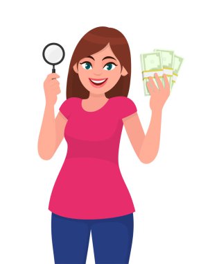 Elinde büyüteç tutan genç bir kadın. Nakit, para ve elinde banknotlar olan bir kız. Kadın karakter tasarımı çizimi. Modern yaşam tarzı, finans, ödeme konsepti vektör karikatür biçiminde.