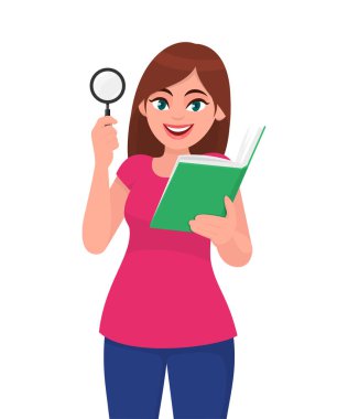 Büyüteç gösteren genç bir kadın. Elinde kitap, rapor, belge tutan ya da okuyan bir kız. Kadın karakter tasarımı çizimi. Modern yaşam tarzı, vektör karikatür tarzında eğitim kavramı.