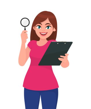 Büyüteç gösteren genç bir kadın. Elinde dosya, dosya, elinde rapor tutan bir kız. Kadın karakter tasarımı çizimi. İnsan duyguları, yüz ifadeleri, vektör çizgi filminde duygu kavramı.