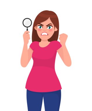 Kızgın genç kadın büyüteç gösteriyor. Kız el hareketi işareti yapıyor. Kadın karakter tasarımı çizimi. İnsan duyguları, yüz ifadeleri, vektör çizgi filminde duygu kavramı.