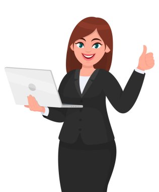 Genç iş kadını elinde yeni bir dizüstü bilgisayar tutuyor ve işaret dilini gösteriyor. Kadın karakter tasarımı çizimi. Modern yaşam tarzı, aygıt, vektör karikatür stilinde teknoloji kavramı.