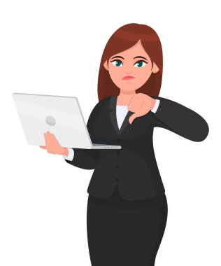 Genç iş kadını elinde yeni bir dizüstü bilgisayar tutuyor ve işaret dilini gösteriyor. Kadın karakter tasarımı çizimi. Modern yaşam tarzı, aygıt, vektör karikatüründeki teknoloji kavramı.