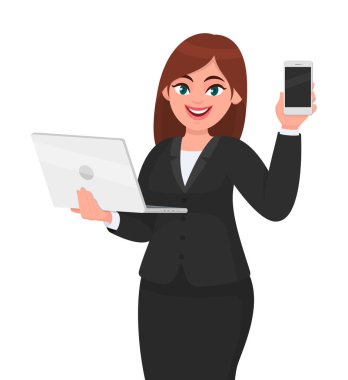 Genç iş kadını elinde yeni bir dizüstü bilgisayar tutuyor ve cep telefonu ya da akıllı telefon gösteriyor. Kadın karakter tasarımı çizimi. Modern yaşam tarzı, aygıt, vektör karikatür stilinde teknoloji kavramı.