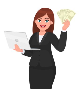 Genç iş kadını elinde yeni bir dizüstü bilgisayar ve nakit para tutuyor. Kadın karakter tasarımı çizimi. Modern yaşam tarzı, aygıt, vektör karikatüründeki teknoloji kavramı.