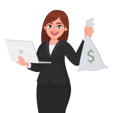 Genç iş kadını elinde yeni bir dizüstü bilgisayar ve nakit para, para çantası tutuyor. Kadın karakter tasarımı çizimi. Modern yaşam tarzı, aygıt, vektör olarak teknoloji kavramı.