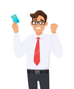 Kredi, banka kartı, ATM kartı ve başarı işareti gösteren genç bir işadamı. Adam elini kaldırır. Dijital ödeme kartı tutan kişi. Erkek karakter tasarımı çizimi. Modern yaşam tarzı.
