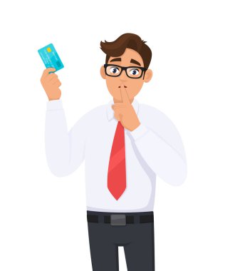 Kredi kartı, banka kartı, ATM kartı ve sessizlik isteyen genç bir işadamı lütfen. Sessiz ol. - Kapa çeneni. Dijital ödeme kartı tutan kişi. Erkek karakter tasarımı çizimi. Modern yaşam tarzı kavramı.