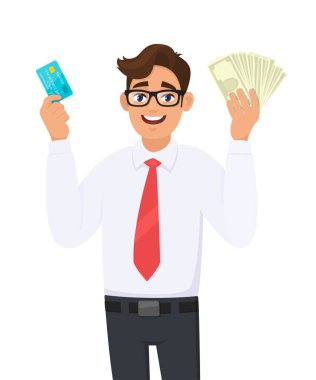 Neşeli genç işadamı kredi, banka kartı, ATM kartı gösteriyor. Elinde nakit, para ve banknot tutan kişi. Erkek karakter tasarımı çizimi. Vektör karikatür biçiminde modern yaşam tarzı kavramı.