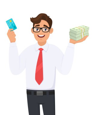 Kredi kartı, banka kartı, ATM kartı gösteren mutlu genç bir işadamı. Elinde bir deste para, para ve banknot tutan kişi. Erkek karakter tasarımı çizimi. Vektör karikatüründe modern yaşam tarzı kavramı.