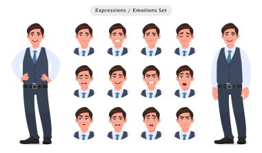 Erkek karakterlerin yüz ifadeleri. Farklı duyguları olan insan koleksiyonu. Çeşitli yüz tepkileriyle Emoji. Vektör karikatür tarzında insan duyguları kavramı çizimi.