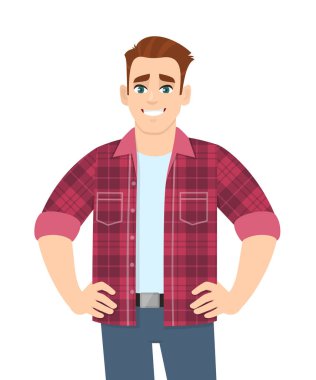 Ayakta duran ve kalçalarda el ele tutuşan mutlu genç adam. Moda kostümü giyen şık bir kişi. Erkek karakter tasarımı çizimi. Vektör karikatür biçiminde modern yaşam tarzı kavramı.