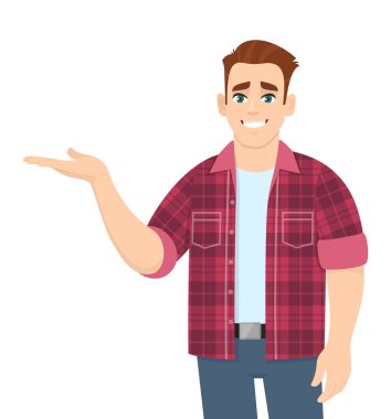 Mutlu genç adam sunar ya da uzayın bir ucundan diğerine işaret eder. Modayı takip eden modaya uygun bir kişi bir şeyler tanıtıyor. Erkek karakter çizimi. Vektör karikatüründe modern yaşam tarzı kavramı.