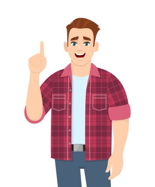 Popüler genç adam işaret parmağını havaya kaldırıyor. Gösterişli mutlu kişi, el kol hareketi ya da tek bir işaret yapıyor. Erkek karakter tasarımı çizimi. Vektör karikatür biçiminde fikir / çözüm kavramı.