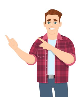 Modayı takip eden genç adam kopyalama alanını işaret ediyor. El hareketi işareti ile tanıtan ya da reklamını yapan mutlu bir insan. Modaya uygun erkek karakter çizimi. Vektör karikatüründe modern yaşam biçimi.