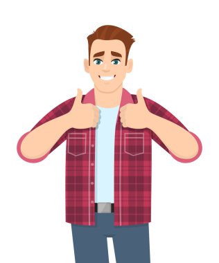 Şık bir genç adam başparmak kaldırıyor, ya da iyiye işaret. Modayı takip eden mutlu insan elle olumlu jest yapıyor. Erkek karakter tasarımı çizimi. Vektör karikatür biçiminde modern yaşam tarzı kavramı.