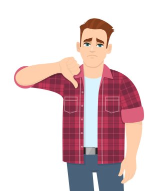 Mutsuz genç adam baş parmak işareti gösteriyor. Sevmeyen modacı, kötü ya da olumsuz el hareketi yapıyor. Şık erkek karakter tasarımı çizimi. Vektör karikatüründe modern yaşam tarzı kavramı.