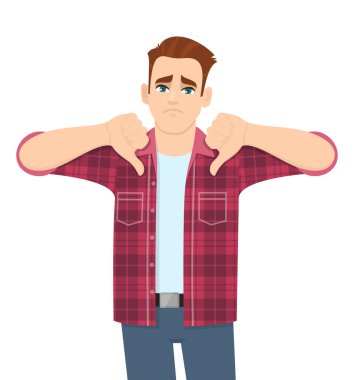 Hüsrana uğramış genç adam baş parmak işareti gösteriyor. Tarz sahibi biri, kötü ya da olumsuz davranışlar sergiliyor. Moda erkek karakter tasarımı illüstrasyonu. Vektör karikatüründe modern yaşam tarzı kavramı.