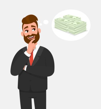 Genç işadamı düşünüyor ve parmağıyla yüzüne bakıyor. Nakit, para, banknotlar düşünce balonunda. Vektör karikatüründe erkek karakter tasarımı, bankacılık, finans kavramı.