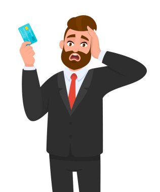 Hüsrana uğramış işadamı kredi kartı, banka kartı gösteriyor. Mutsuz, stresli, el ele tutuşan bir adam. Erkek karakter tasarımı çizimi. İnsan duyguları, vektör karikatüründeki yüz ifadeleri kavramı.