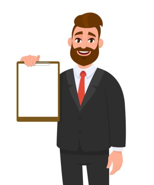 Genç işadamı boş dosya gösteriyor. Elinde not defteri olan biri. Erkek karakter tasarımı çizimi. İnsan duyguları, yüz ifadeleri ve vektör karikatür tarzındaki jestler.