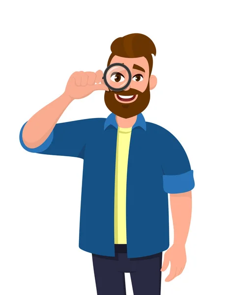 Retrato Del Joven Hipster Mirando Través Lupa Persona Moda Barbuda — Vector de stock