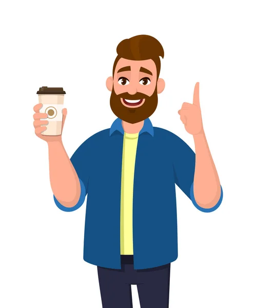Young Bearded Trendy Man Holding Coffee Cup Pointing Index Finger — Stock Vector