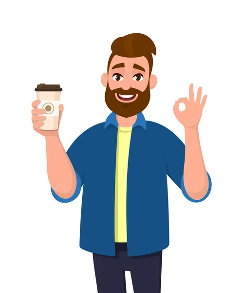 Ευτυχισμένος Γενειοφόρος Μοντέρνα Άνθρωπος Κρατώντας Ένα Φλιτζάνι Καφέ Και Δείχνει — Διανυσματικό Αρχείο