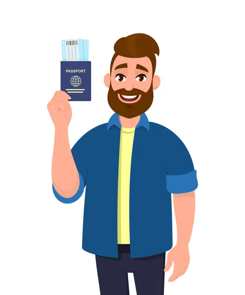 若い髭の男が切符を持ってパスポートを持っている 搭乗券を示すトレンディな人 男性キャラクターデザインイラスト 現代のライフスタイル 最新のトレンド ベクトル漫画スタイルでの旅行の概念 — ストックベクタ