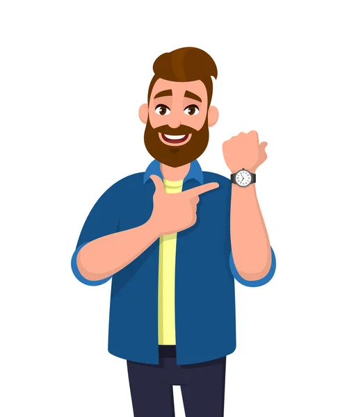 Joven Barbudo Señalando Mostrando Tiempo Reloj Pulsera Ilustración Diseño Personajes — Vector de stock