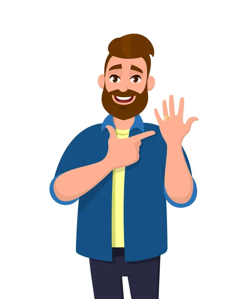 Young Bearded Trendy Man Showing Wedding Ring Pointing Hand Finger — Stock Vector
