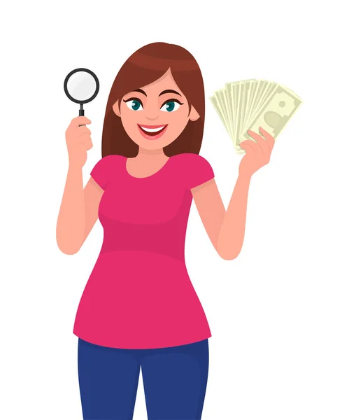 Elinde Büyüteç Tutan Genç Bir Kadın Nakit Para Elinde Banknotlar — Stok Vektör