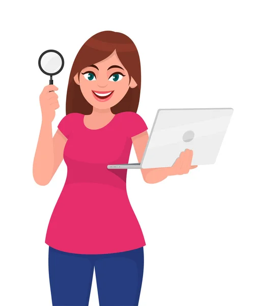 Young Woman Showing Magnifying Glass Girl Holding New Digital Laptop — Stock Vector