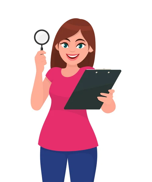 Young Woman Showing Magnifying Glass Girl Holding Clipboard File Report — Stock Vector